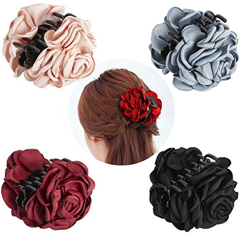 Haarklammern, groß, schwarz, burgunderrot, Schmetterling, Oktopus, koreanische Schleife, Seide, Chiffon, Rose, Kunststoff, Haarklammern, Haarklammern für Frauen und Mädchen, 4 Stück