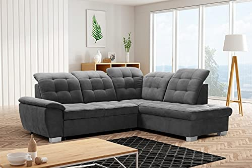 A-dekor home Ecksofa Lotta, Couch,L-Form,Schlaffunktion,Bettkasten,Wellenfedern, Links/Rechts,Verstellbare Kopfstützen (Rechts, Jasmine 96 – Dunkelgrau)