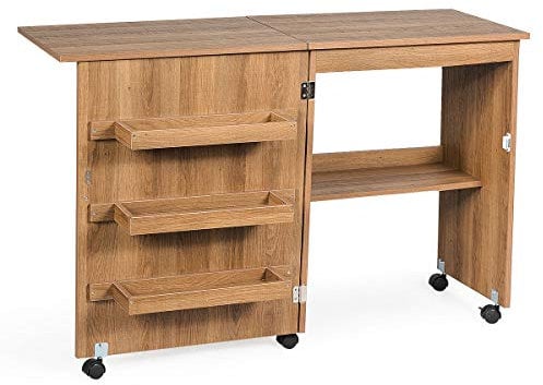 CASART 2-In-1 Sewing Table, Foldable Hobby Craft Table with Open Shelves & Rolling Casters, Multipurpose Sewing Machine Cabinet Computer Desk (Natural)