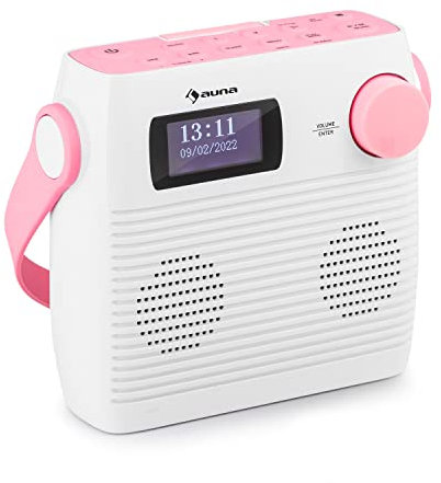 Auna Splash Shower Radio, DAB Radio, BT DAB+/UKW IPX4, DAB+ Radio with USB Port Headphone Jack USB-C Battery, Digital Radio, white-pink