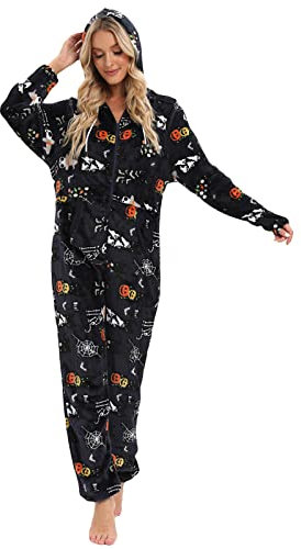 QIYUANT Pigiama Tutina Donna con Cappuccio Caldo Morbido Peluche Pile Cerniera Intera Manica Lunga Monopezzo Inverno Autunno Halloween Natale Tuta da Casa Notte (Halloween Nero,XL)