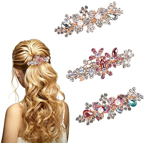 3 Stück Haarspangen für Frauen Mädchen,Französische Vintage Braut Haar Accessoire,Kristall Strass Haarspangen,Elegante Metall Haarnadeln Blume für Damen Dickes Haar Haarschmuck Muttertagsgeschenke