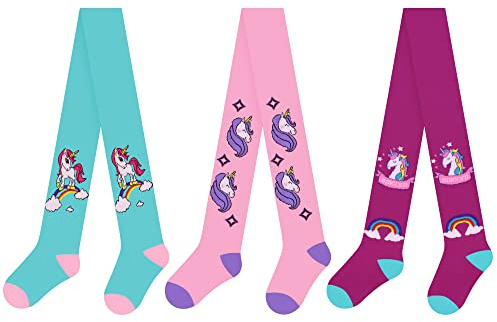L&K-II 3er Strumpfhose Kinder Strickstrumpfhose für Mädchen mit unterschiedlichen Einhorn Mustern und Farben in Set 2730AB