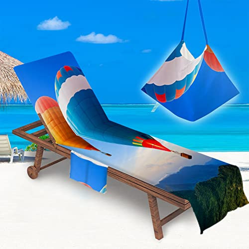 Surwin Sun Lounger Beach Towel with Pockets, Hot air balloon Print Summer Beach Chair Cover Chaise Lounge Towel Cover Mate Sunbed Towels For Holiday Garden Outdoor Pool (75x210cm,Mountain)