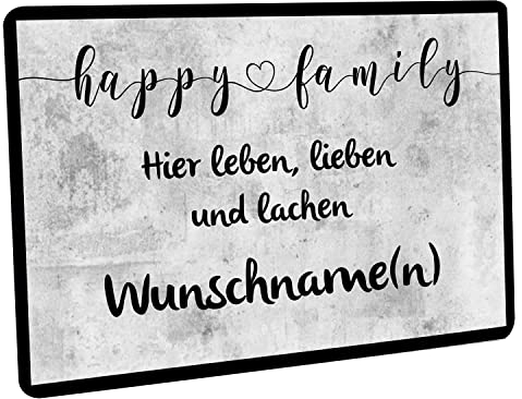 Crealuxe Happy Family Hier Leben, lieben und lachen (Wunschname) 'Hell'- Fussmatte Bedruckt Türmatte Innenmatte Schmutzmatte lustige Motivfussmatte