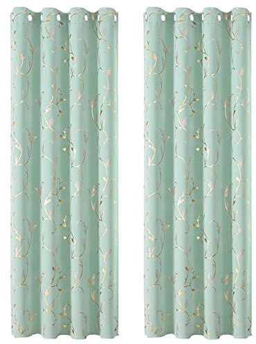 BUHUA Aqua Verdunklungsvorhänge Goldfolie Wärmeisolierende Vorhänge mit Ösen Gardienen 2-Set H 214 x B 132 cm Gardinen Wohnzimmer & Schlafzimmer Thermovorhang Kälteschutz