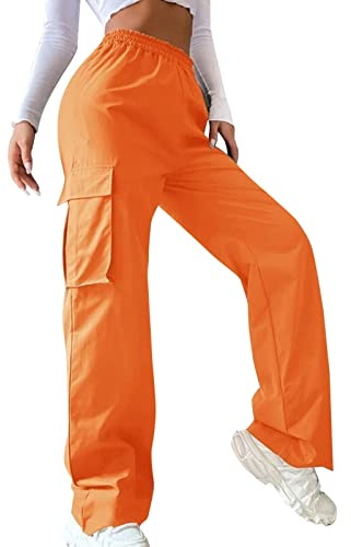 Cargohose Damen High Waist Jogginghose Teenager Mädchen Cargo Hose Cargohosen Y2k Hosen Straight Sweathose Elastische Bund Capri Hosen Schlaghose Sport Jogginghose Streatwear mit Taschen