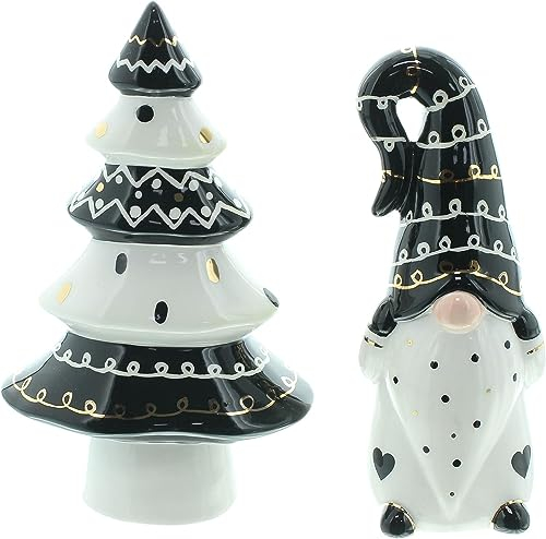 2X Dekofiguren Wichtel & Tanne Style aus Porzellan in Creme- weiß, schwarz und Gold, 14 + 16 cm hoch, Weihnachtsdeko, Tischdeko