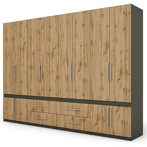 e-Meblast Kleiderschrank 320 x 230 x 57 cm Schlafzimmer - 4-teilige Modul Schrank - Ohne Spiegeln Kleiderstangen Geräumige Schubladen (Graphit/Wotan)