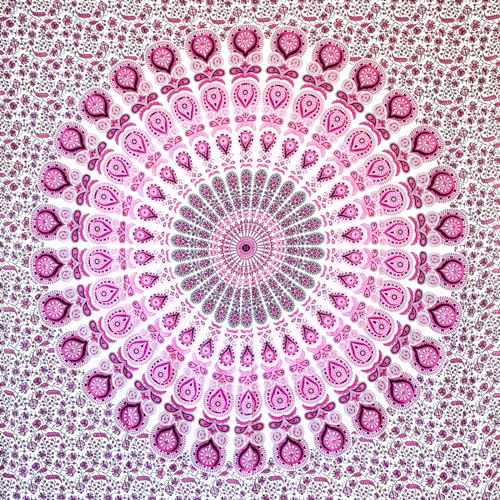 MOMOMUS Wandteppich Mandala - Indische Wandkunst - Wandteppich Aesthetic, Wandtuch Boho oder Wandbehang aus Stoff - Weiß und Rosa, 135x210 cm