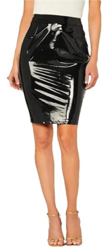 Pohullan Jupes mi-longues en cuir verni brillant pour femme - Jupes crayon fines en polyuréthane - Taille haute, rose rouge, 52