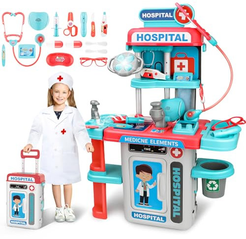 deAO Doctor Set for Kids Pretend Medical Station Set Medical Instruments Stethoscope with Realistic & Lights Doctor Role Play Educational Toys for 3 4 5 Year Old Girls Boys Christmas Birthday