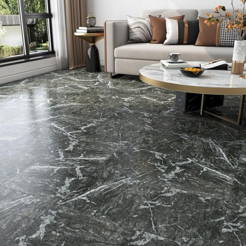 FunStick 30X30CM 30 Stück PVC Bodenbelag Selbstklebend Küche Vinyl Bodenbelag Selbstklebend Marmor Dunkelgrau PVC Bodenfliesen Selbstklebend Küche Grau Fliesen Wohnzimmer Boden Fliesenaufkleber Küche