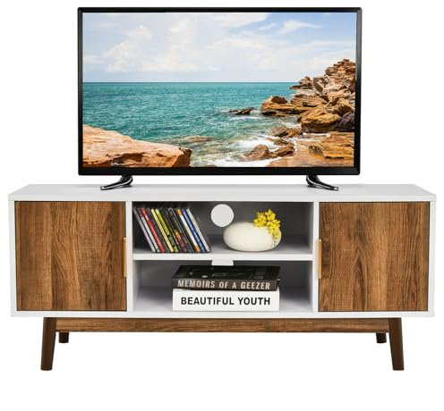 CASART TV Stand Cabinet for 50 Inch TVs, Wooden TV Unit with 2 Storage Cabinets & Open Shelves, Rustic TV Console Table Entertainment Center for Living Room Bedroom