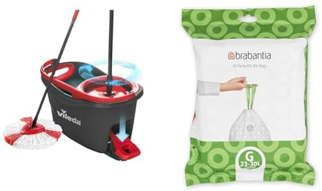 Vileda Turbo Microfibre Mop and Bucket Set, Spin Mop for Cleaning Floors, Set of 1 Mop and 1 Bucket & Brabantia Bin Liners, Size G, 23-30 L - 40 Bags ,White,375668