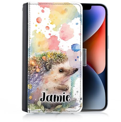 Personalised Phone Case For Apple iPhones, 15, 14,13, 12, 11, Pro Max, Mini, XR, XS, SE, Custom PU Leather Flip Phone Cover, Paint Spot Hedgehog Phone Case with Name, Initial Phone Case