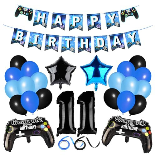 Gaming Party Decorations Black Happy Birthday Banner Game Controller Balloons Black Green Balloons for Kids Teenagers Party Supplies (11th Birthday)