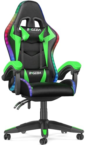 bigzzia Gaming Stuhl mit LED - Gaming Sessel Ergonomischer PC Stuhl mit Kopfstütze, Gaming Chair RGB Licht Beleuchtung Computerstuhl, Gamer Stuhl für Jugendliche und Erwachsene, Schwarz-grün
