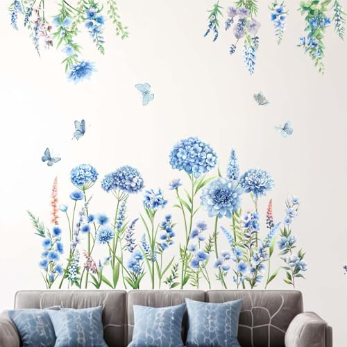 Hanging Flower Wall Stickers for Bedroom: Peel and Stick Blue Wildflower Floral Wall Stickers - Sofa TV Background Home Art Wall Decor