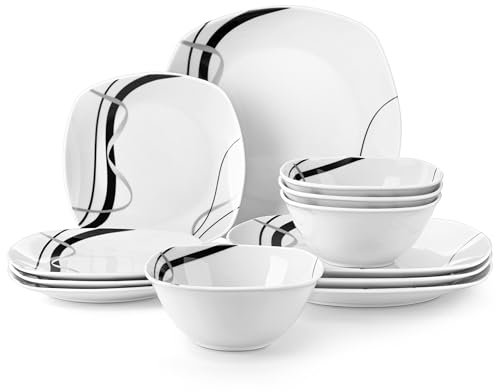 VEWEET Teller und Schüsseln, Porzellan-Geschirr-Sets für 4 Personen, 12-teiliges Geschirr-Set mit Speiseteller, Dessertteller und Müslischalen, Serie Fiona