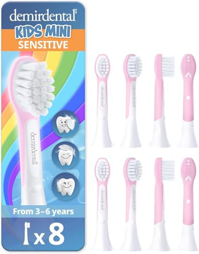 demirdental tête de brosse pour Philips Sonicare Kids tête de brosse enfants, Compact Mini pour les petites dents de lait, Enfants de 3 à 6 ans, remplace HX6038 HX6034, Rose, Lot de 8