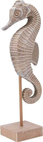 Seepferdchen auf Holzfuß Weiß Natur Braun Gewischt Maritime Deko 36 cm Hoch Meerestiere, Farbe:Braun