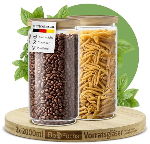 ElbFuchs® Vorratsgläser mit Deckel luftdicht NEU | 2x 2000ml [BPA-FREI & MOTTENSICHER] Vorratsdosen aus Borosilikatglas mit Holzdeckel | Aufbewahrungsgläser für Kaffeebohnen, Mehl & Nudeln
