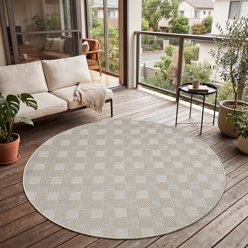 Paco Home Outdoor Teppich, Wetterfest, UV-beständig & Pflegeleicht, Flachgewebe Modern Boho-Style. Ideal für Terrasse Balkon Wohnzimmer & Küche, Grösse:200 cm Rund, Farbe:Beige 8