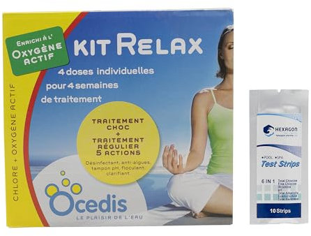 OCEDIS KIT RELAX 30m3 | Chlore Lent Stabilisé Multiaction et Oxygène Actif Choc - Désinfection Régulière Mulitfonction avec Action Choc et Anti-algues - Traitement prédosé + 10 Tests HPS OFFERTS 6en1