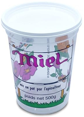 Lot de 10 Pots en Plastique avec Couvercles de 500g, Nicot impression 4 Couleurs (PEP), Pots pour Conditionner le Miel ou autre utilisation Alimentaire, Prêts à l’emploi. FABRIQUER EN FRANCE