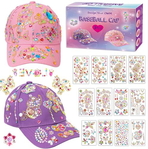 Hojalis Geschenke für Mädchen DIY Baseballkappe, 2 Stücke Schulanfang Baseball Cap Bastelset, Spielzeug selbst gestalten mit Edelsteinen Aufkleber, Einschulung Geburtstag Geschenk Mädchen 4-12 Jahren