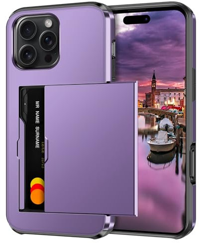 Coolden for iPhone 16 Pro Case with Card Holder Armor Shockproof Case Heavy Duty Protective Case Hard Back Soft TPU Bumper Hidden Card Slot Wallet Case for iPhone 16 Pro Phone Case (Grey Purple)