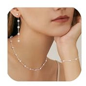 LOLIAS Perlenkette für Damen Perlenohrringe Armband Schmuckset 14K Vergoldetes Perlen Schmuck Set Verstellbare Perlenkette Halskette Armband Perlen Tropfen Ohrringe Brautschmuck
