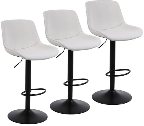 Ermnois Juego de 3 taburetes Altos de Cocina taburetes de Bar giratorios con Respaldo,sillas de Bar Modernas Ajustables,Taburete Alto sin Brazos de Piel sintética para Isla de Cocina,Color Blanco