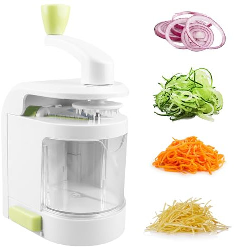 Cortador en espiral de verduras, manivela 4 en 1, cortador de calabacín con base antideslizante, cortador de fideos de verduras con recipiente, cortador de calabacín para zanahoria, pepino, patata,