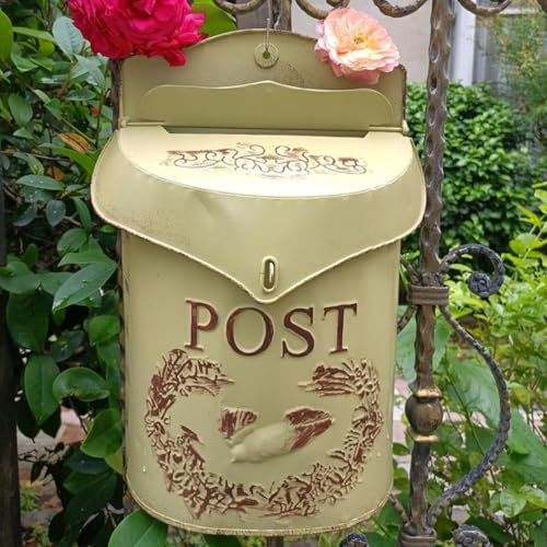 DJJYCTNM Briefkasten Wandmontage Briefkasten Briefkästen Retro Metall Landhaus Vogel Muster Briefkasten für Garten Außendekoration(Beige)