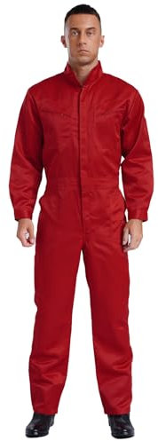 Agoky Mens 100% Cotton Work Jumpsuit Long Sleeve Zip Up Coveralls Mechanic Role Play Uniform Workwear Red XL/175