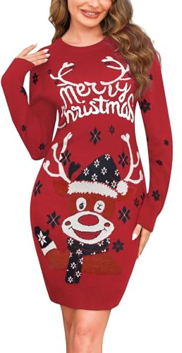 Wayleb Weihnachtskleid Damen Strickkleid Merry Christmas Rentier-Motiv Rundhals Langarm Pulloverkleid Festlich Elegante Winterkleider Frauen Sweater Kleider für Weihnachten Party Alltag S-3XL