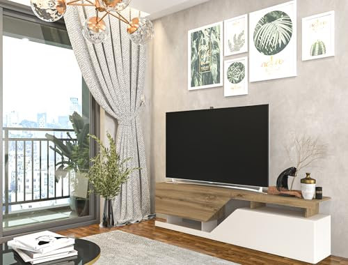 BDW - RTV Double - Meuble TV avec Rangement - Banc TV avec 2 Armoires et Étagères - Meuble Salon - Construction Solide - Meuble TV Bas - 160x47x35 cm - Chêne wotan/Blanc