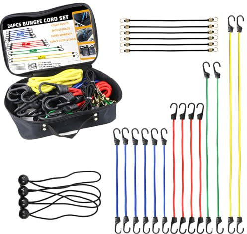 Club Kayaks - Bungee Cords with Balls & Fixings Set Natural Latex & Rubber | Easy Storage in Zipper Bag | Ideal bungee cords for Kayaking, Canoeing, Fishing & Camping | 24-Piece Set