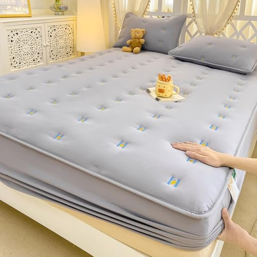 Beydodo Spannbetttuch Boxspringbett 180x220, Spannbettlaken Baumwolle Stickerei mit Blumen Motiv Spannbetttuch rutschfest Grau (mit 2 Kissenbezüge 48x74CM)