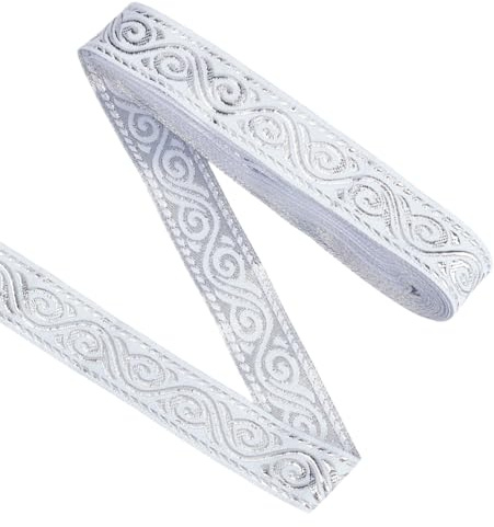 DELORIGIN 7 m Jacquardband Im Ethno Stil 20mm Borten und Bänder zum Nähen Jacquardband Polyester Stoffbesatz Besticktes Gewebtes Spitzenband Zum Nähen von Kleidung Taschen Party Dekoration Silberweiß