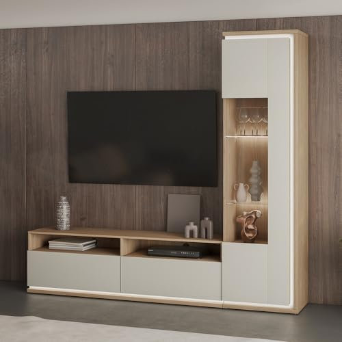 Lomadox Wohnwand Wohnmöbel Eiche Kaschmir 2-teilig Modern, 1 Vitrine, 1 Lowboard inkl. Beleuchtung