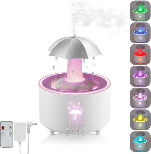 Humidifier for Bedroom, 7-Color Rotating Umbrella Humidifier, Rain Sounds White Noise Air Humidifiers with Remote & Timer, Humidifier Aroma Diffuser for Bedroom Desk, Auto Shut Off, 300ML (White)