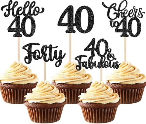30 Stück 40th Geburtstag Tortendeko Glitzer Hello 40 Cheers to 40 Cupcake Toppers 40 & Fabulous Forty Kuchen Deko für Prost auf 40 Geburtstag Jahrestag Party Kuchen Dekoration Schwarz