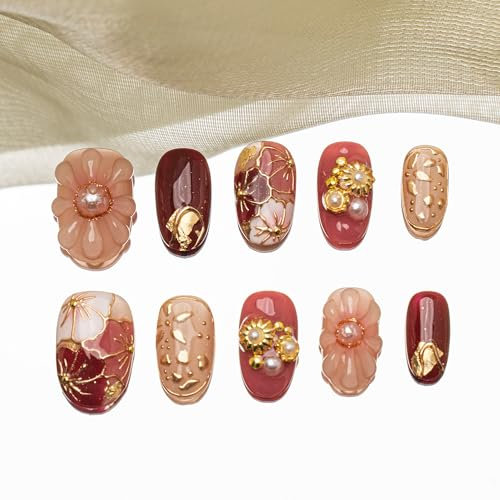 Sun&Beam Nails Handmade Press-on Short Oval Red Pink Gold 3D Flower Japanese Design Fashion False Nail Tips 10 Pcs Set (#210 XS)