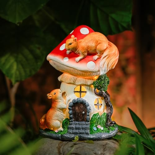 Feengarten Feenhaus Pilzhaus Gartendeko für Draußen Wetterfest,Garten Deko Gartenfiguren mit Solar Laterne,Solarlaterne für Außen,LED Solarlampen Gartenstatuen Solar Tiere für Teich Deko (Squirrel)