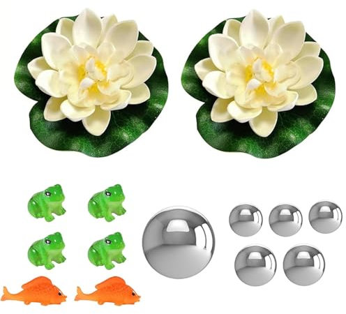 JINJUMEI Klein Garten Teiche Deko Set, 2 Schwimmend Lotusblüte, 2 Koi Karpfen, 4 Mini Frosch und 6 Schwimmkugeln, Super Idee Miniteich Deko für Aquarien, Bachszenen, Garten Teich