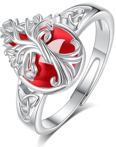EUDORA Harmony Ball Anello con Albero della Vita in Rubino Creato, Argento Sterling 925 Unisex Banda Aperta Regolabile con Cristallo a Goccia, Gioiello Amuleto Regalo per la Mamma