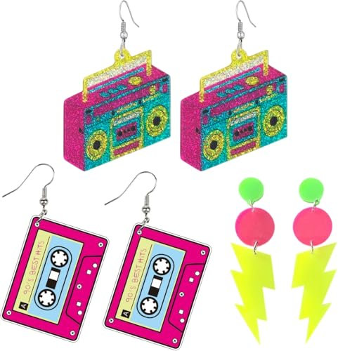 3 Paar 80er Jahre Outfit Damen, 90er Jahre Outfit Damen, Retro Neon Ohrringe, 80er 90er Jahre Accessoires Blitz Bolzen Retro Acryl Ohrringe für Mottoparty, Täglicher Stil, Jahre Nostalgie Geschenke